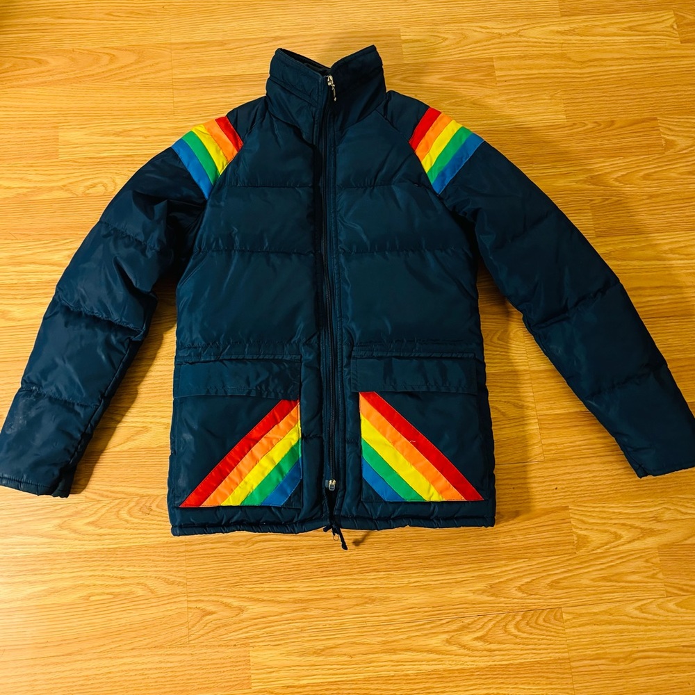 Vintage 70s Prime North Navy Blue Rainbow Stripe Ski Winter Down Jacket VGUC Sm - Picture 3 of 16